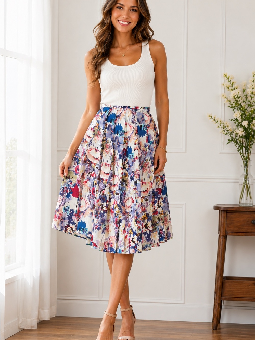 Coldwater Creek Floral Cotton Midi Skirt Blue Pink Cream Purple Pleated Medium